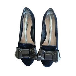 Miu Miu Juwel-heel Patent bow velvet flat very dark Neavy blue almost black 37/5
